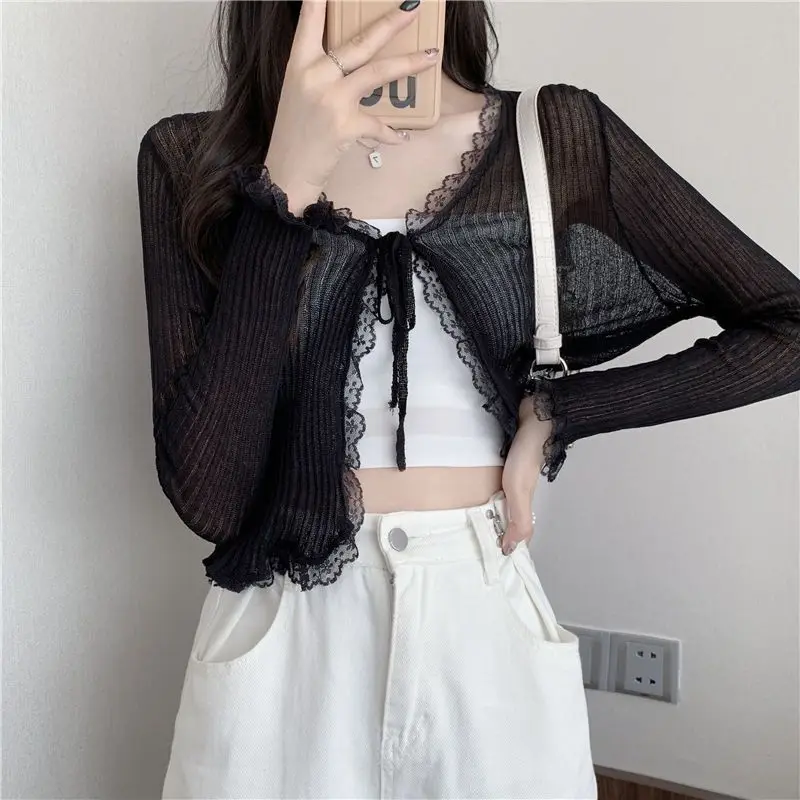 Top Trends: Summer Cropped Cardigan Women New Basics Slim Lace Long Sleeve Thin See Through Sweater Jacket Cover Tops 4 Colors Shoppable Styles