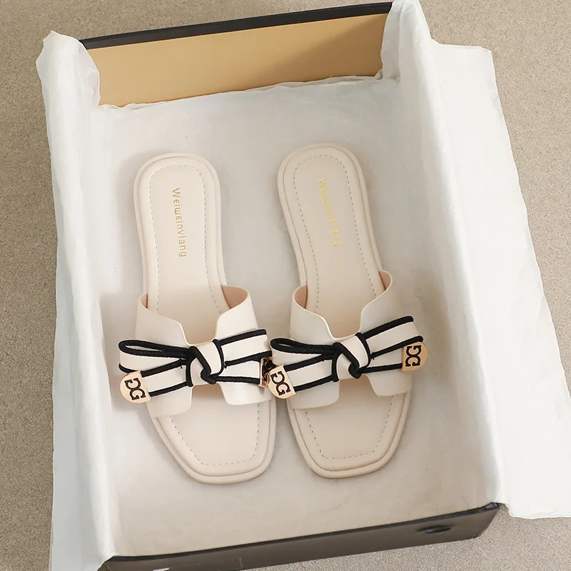 Top Trends: Outside Slippers Plus Size 41-43 Girl Shoes Korean Version Bow Slippers Women Designer Sandals Summer Square Head Slippers Women Shoppable Styles