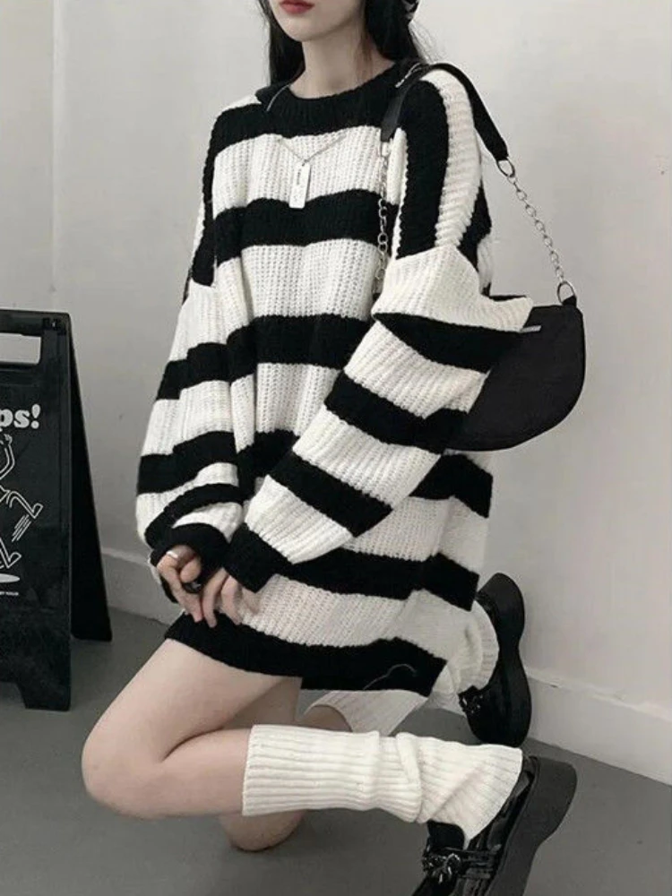 Top Trends: Deeptown Gothic Sweaters Women Harajuku Punk Knitted Stripes Jumper Vintage Plus Size Loose Long Sleeve Pullover Tops Streetwear Shoppable Styles