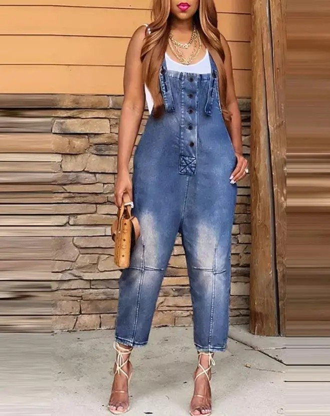 Top Trends: 2023 Denim Jumpsuit Women's Overall Fashion Split Loose Wide Leg Pocket Button Slim Blue Suspenders Vintage Women's Jumpsuit Shoppable Styles