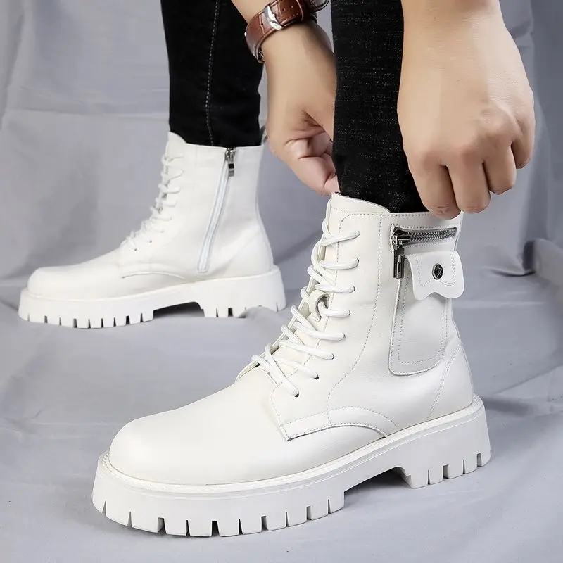 Top Trends: High Quality Men White Boots 2023 Fashion Zip Design Men's Leather Boot Anti-slip Lace-up Man Platform Boots Botas Para Hombre Shoppable Styles - Image 2