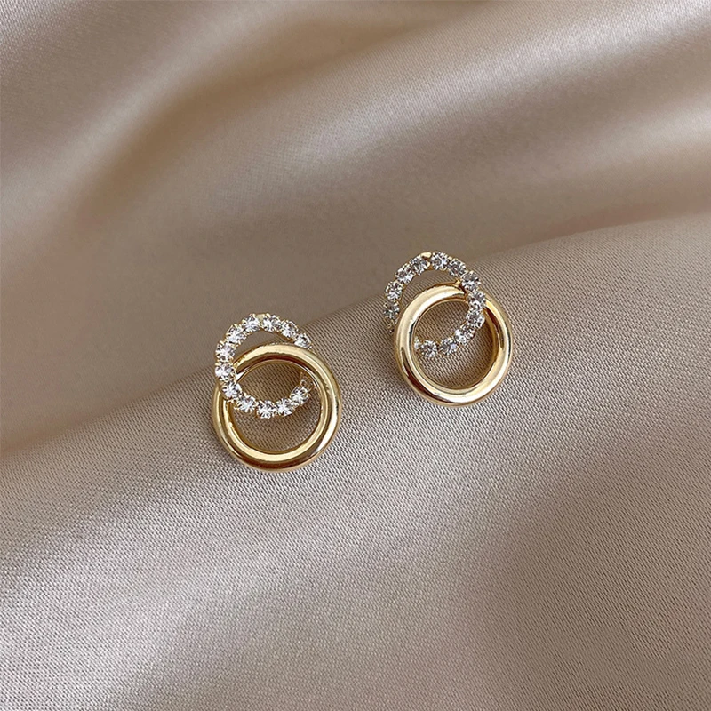 Top Trends: Korean Simple Double Circle Gold Color Metal Crystal Stud Earrings For Women Fashion Exquisite Jewelry Best Friend Gifts Shoppable Styles