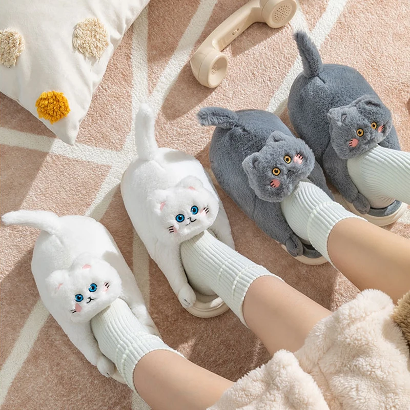 Top Trends: Cat Slippers Women Home Furry Slippers Winter Warm Slippers Indoor Floor Kawaii Floor Shoes Cat Funny Gift Couple Plush Slippers Shoppable Styles