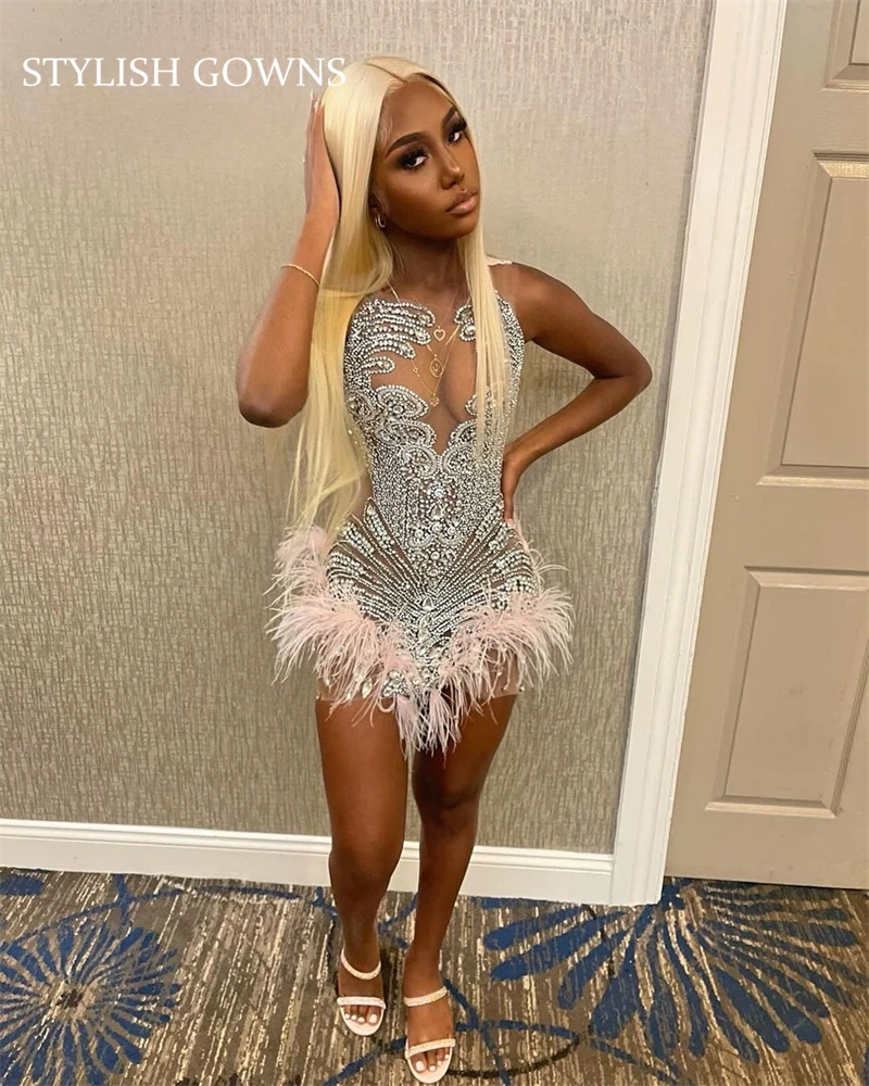 Top Trends: Sparkly Sheer O Neck Short Prom Dress Beaded Crystal Diamond Birthday Party Gowns Feather Mini Cocktail Homecoming Robe De Bal Shoppable Styles