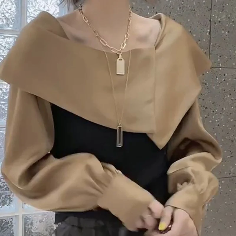 Top Trends: Fashion O-Neck Spliced Asymmetrical Blouses Women's Clothing 2023 Autumn Winter Loose Casual Pullovers Lantern Sleeve Shirts Shoppable Styles - Image 3