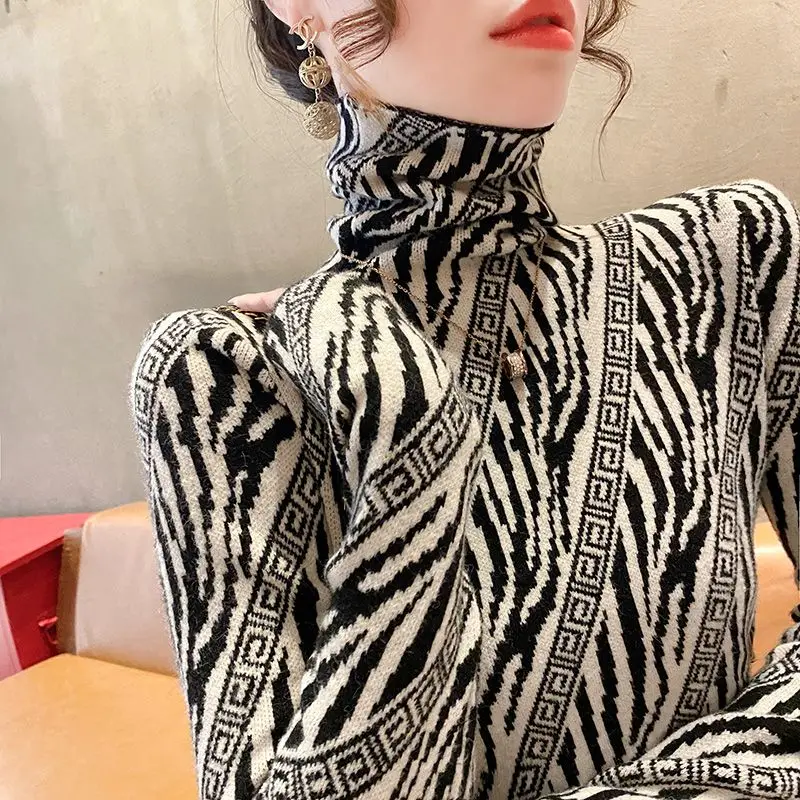 Top Trends: Women&#039;s High Collar Printed Striped Sweater Autumn And Winter Underlay Trend Slim Color Locked Long Sleeve Pullover Knit Tops Shoppable Styles