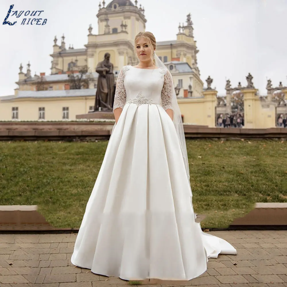 Top Trends: LAYOUT NICEB Romantic Plus Size Satin Wedding Dresses 2024 Classic O-Neck Zipper Bridal Gowns Lace Appliques Vestidos De Novia Shoppable Styles