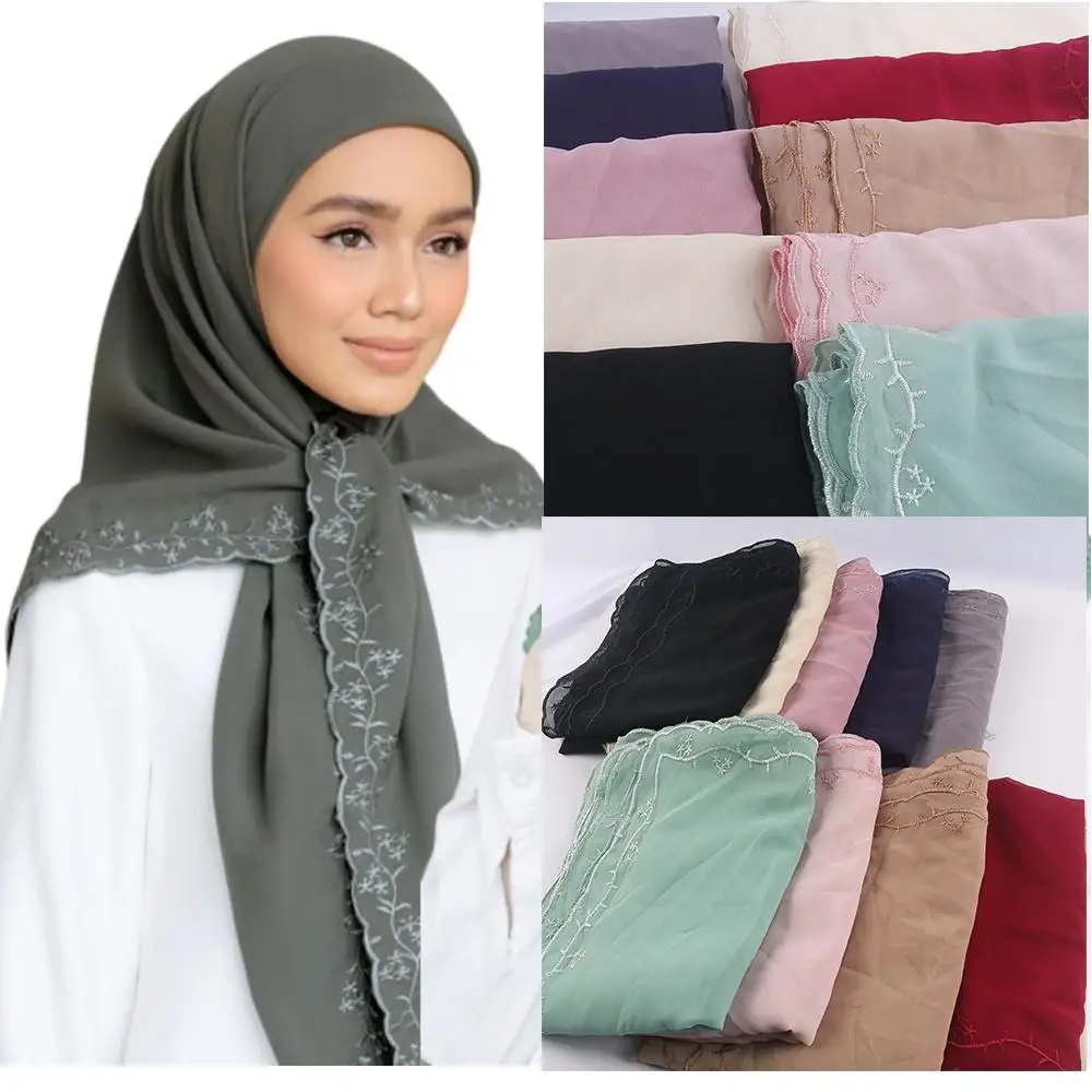 Top Trends: Sqaure Chiffon Scarf Embroidery Shawl 125X125cm Tudung Bawal Chiffon Hijabs Bidang Muslim Women Abaya Voile ملابس اسلاميه Shoppable Styles