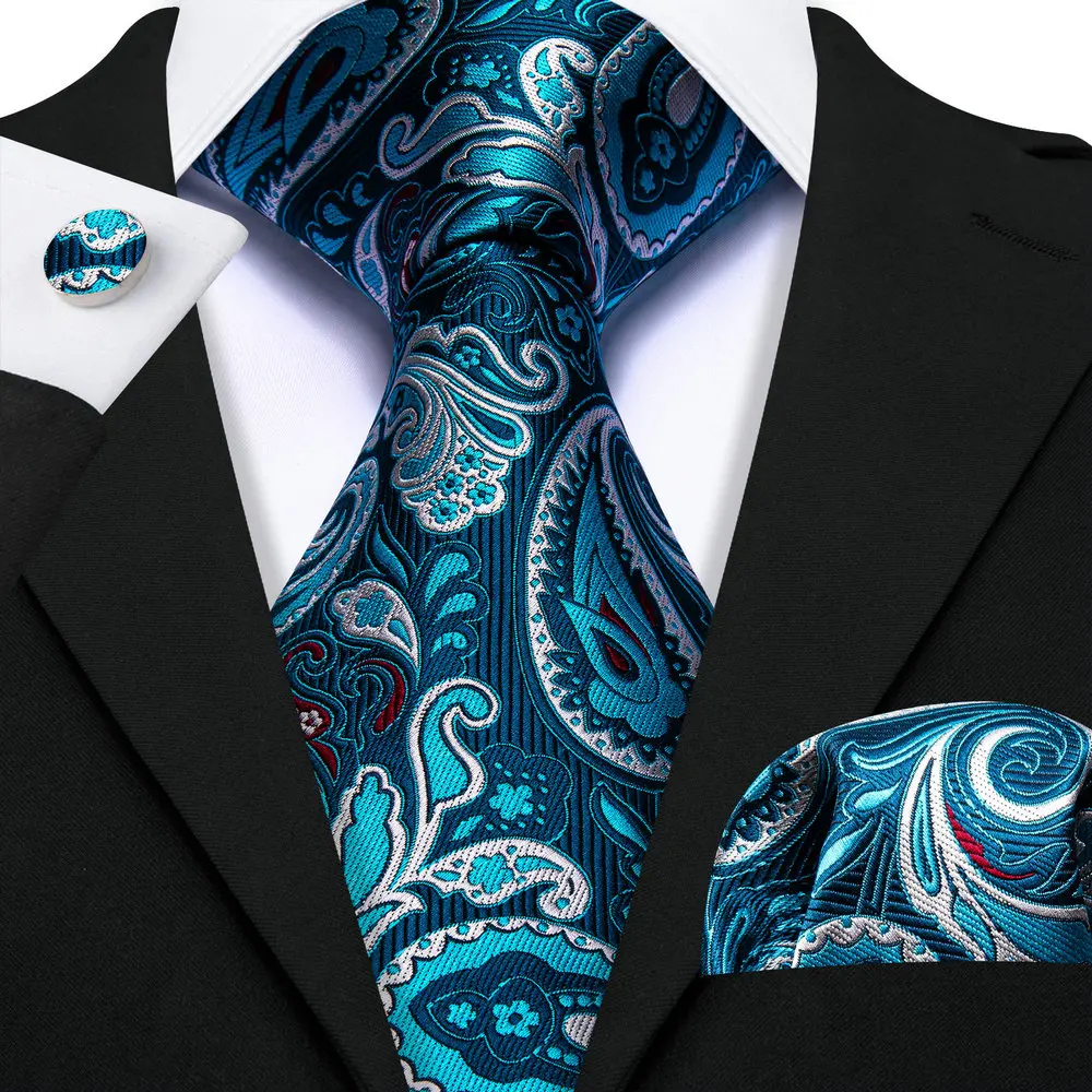 Top Trends: Barry.Wang Teal Silk Necktie For Men Paisley Woven Jacquard Handkerchief Cufflinks Set Groom Wedding Business Party Designer Shoppable Styles