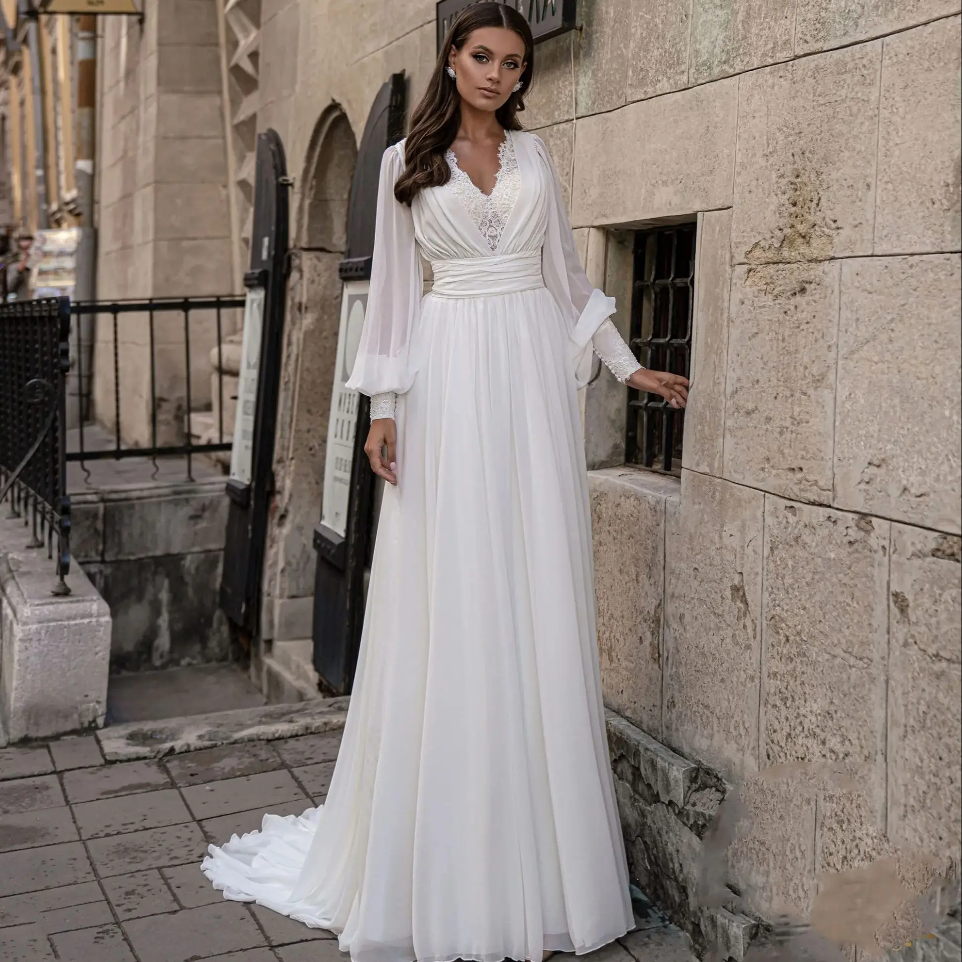 Top Trends: 2024 Spring Wedding Dresses Full Sleeves Vestido De Novia Lace V Neck Bridal Gowns Boho Chiffon Robes De Mariée Made To Order Shoppable Styles