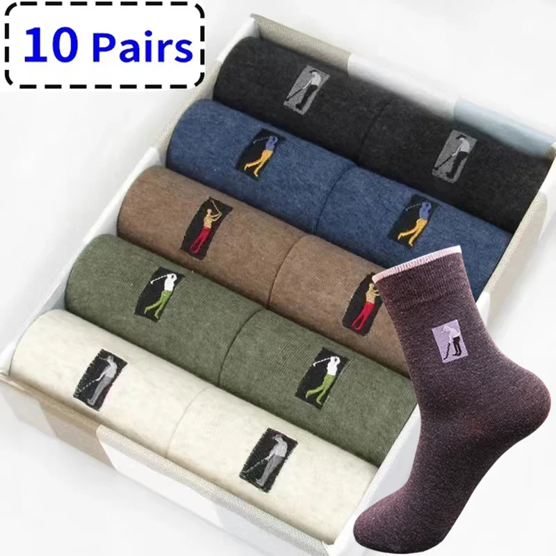 Top Trends: 10 Pairs High Quality Men's Socks Business Casual The Golf Logo Autumn Winter Warm New Dress Long Sock For Man Gifts Size38-45 Shoppable Styles