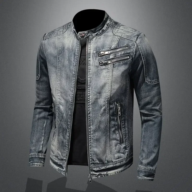 Top Trends: 2023 New Men&#039;s Denim Jacket Trendy Retro Fashion Casual Stand-up Collar Zipper Jacket Handsome Riding Biker Clothing Denim Tops Shoppable Styles