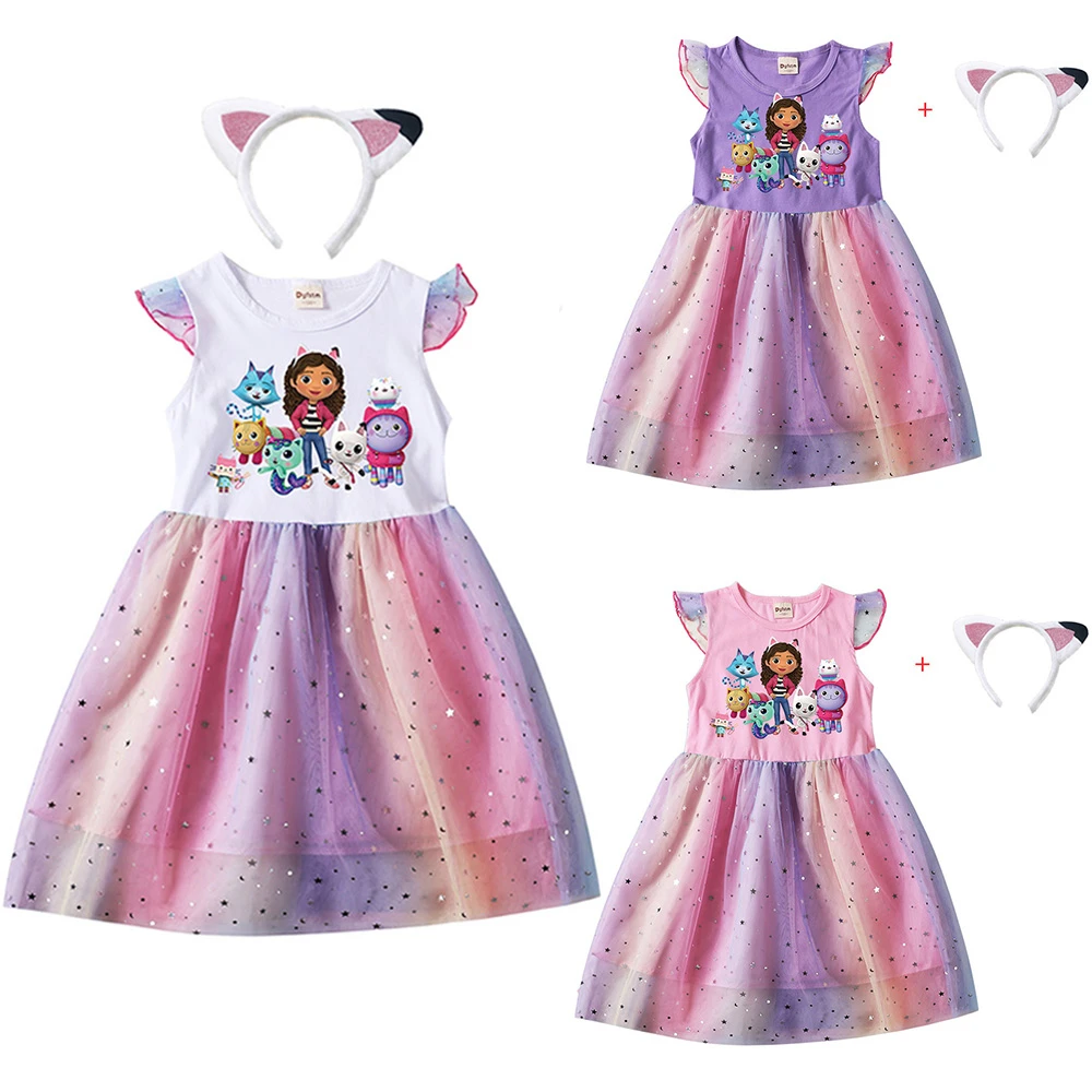 Top Trends: Cartoon Gabby Cats Baby Girl Dresses Kids Gabby&#039;s Doll House Clothes Cosplay Costume Children Fly Sleeve Casual Dress + Headband Shoppable Styles