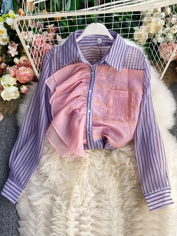 Top Trends: 2023 Spring Summer New Fashion Striped Shirt Women's Ruffled Loose Thin Long Sleeve Shirt Tops Blouse UK438 Shoppable Styles - Image 2