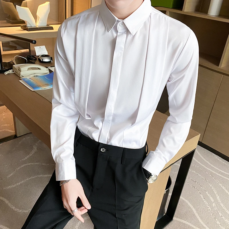 Top Trends: British Style Fashion Fold Design Tuxedo Shirts Men Long Sleeve Slim Fit Casual Shirt Social Party Tops Plus Size 4XL 5XL Shoppable Styles