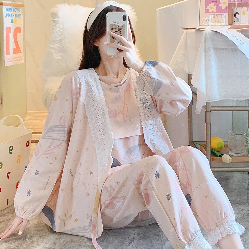 Top Trends: Autumn Thin Milk Silk Cotton Maternity Nursing Sleepwear Sets Sweet Lovely Pajamas Suits Clothes Pregnancy Home Lounge Wear Shoppable Styles