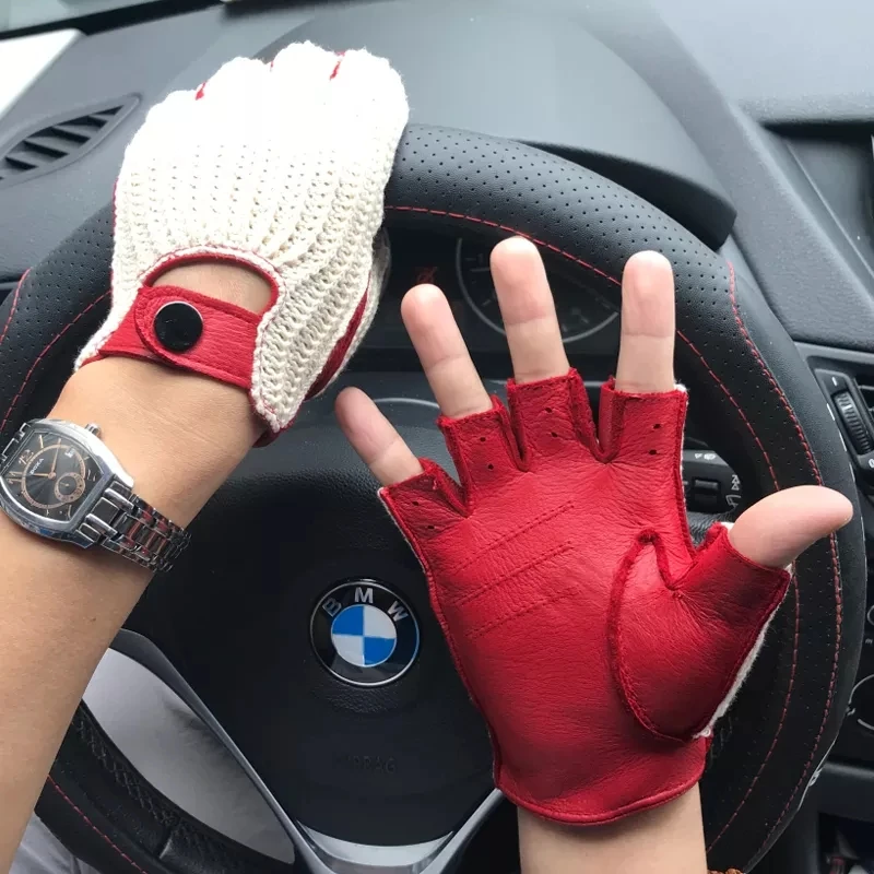 Top Trends: New Men Leather Gloves Fashion Breathable Half Fingerless Knitted Gloves Unlined Non-slip Male Driving Locomotive Mitten Shoppable Styles