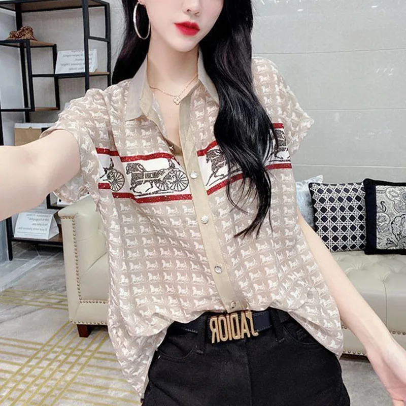 Top Trends: Casual Fashion Polo-Neck Printing Lady Short Sleeve Shirt 2023 Summer New Style Single Breasted Chic Women's Clothing Top Shoppable Styles