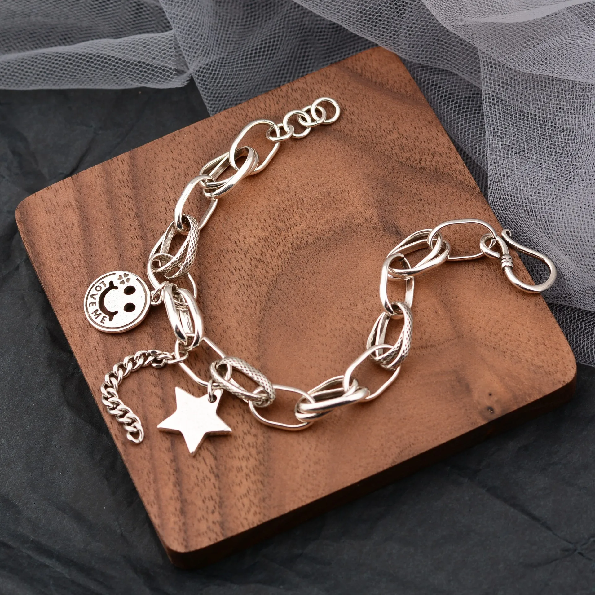 Top Trends: 100% Solid 925 Sterling Silver Hiphop Thick Smile Face Star Bracelet For Women Men Vintage Handmade Hasp Bracelet Birthday Gift Shoppable Styles