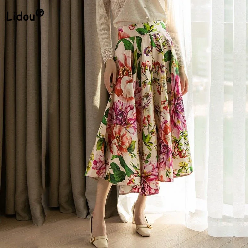 Top Trends: Elegant Fashion A-Line Loose Floral Print Skirt Korean Vintage Female High Waist Pleated Skirt Summer Trend Women&#039;s Clothing Shoppable Styles