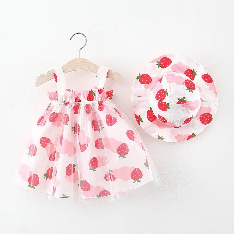 Top Trends: Summer Strawberry Baby Girl Dress Sleeveless Strap Tulle Fruit Baby Clothes Party Princess Vestido&Hat 3M 6M 1 2 Years Old Shoppable Styles