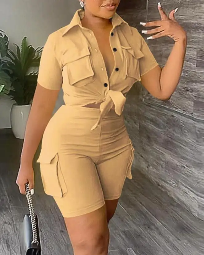 Top Trends: Two Piece Sets Womens Outifits 2023 Spring Fashion Turn-Down Collar Short Sleeve Crop Top &amp; High Waist Pocket Design Shorts Set Shoppable Styles