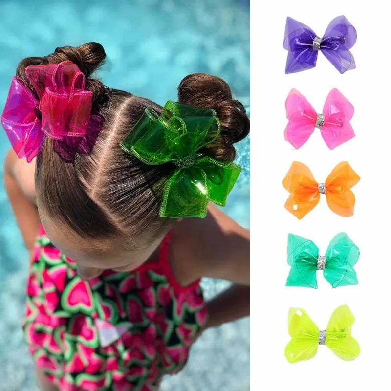 Top Trends: 4&quot; Waterproof Jelly Bows Hair Bows For Girls With Clips Glitter Knot Pool Swim Bows Solid Hairpins Fashion Kids Headwear Shoppable Styles