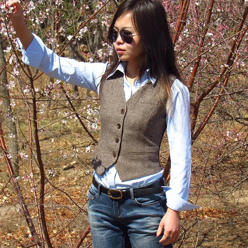 Top Trends: Women&#039;s Suit Vest Herringbone Wool V-Neck Sleeveless Jacket Casual Waistcoat Brown Jacket Shoppable Styles