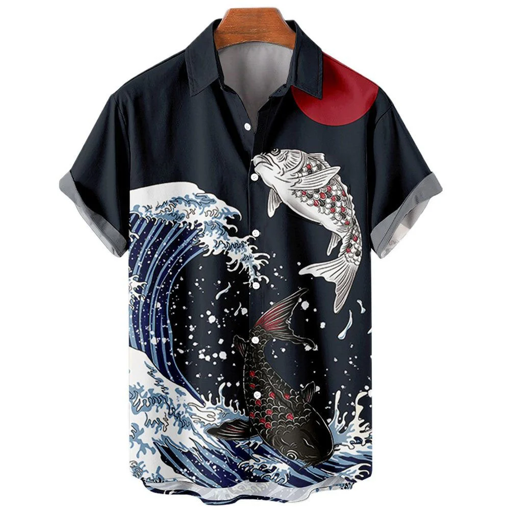 Top Trends: Men's Hawaiian Shirts 3D Printed Short Sleeves Casual Lapel Beach Style Tops Top Retro Waves Imported-clothing Fashion Shoppable Styles - Image 5