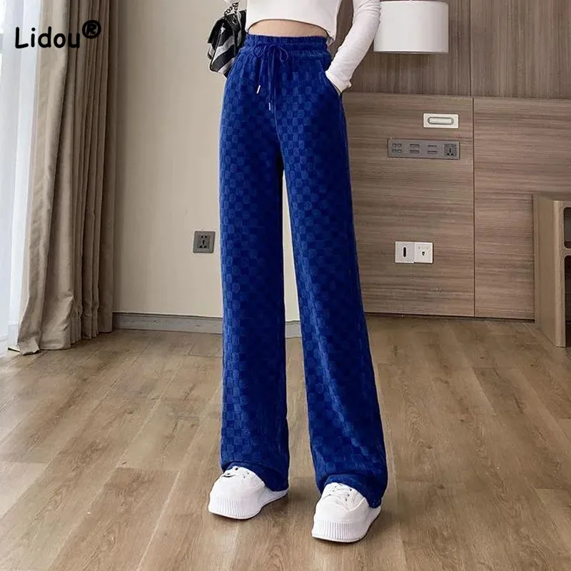 Top Trends: Casual Fashion Solid Plaid Wide Leg Pants Women's Clothing Autumn Winter Thick All-match Elastic High Waist Trousers For Female Shoppable Styles