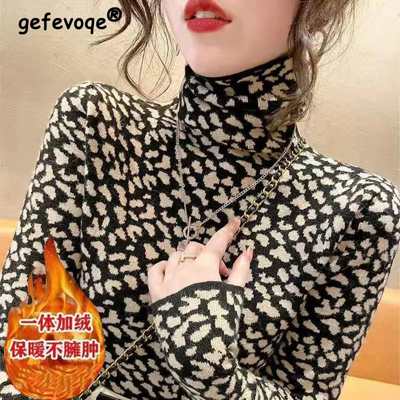 Top Trends: Women&#039;s Elegant High Collar Velvet Thick Warm Slim Basic T-shirts Autumn Winter Fashion Leopard Long Sleeve Ladies Tops Clothing Shoppable Styles