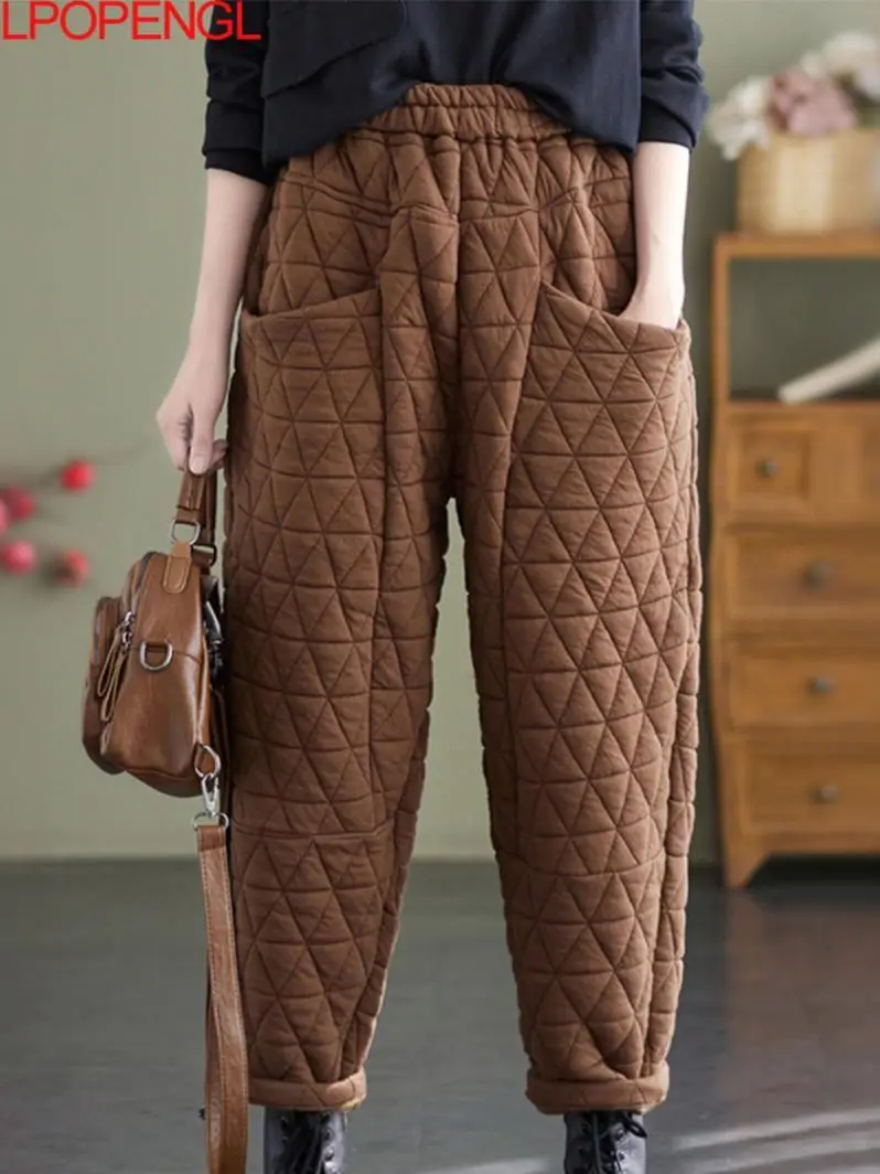 Top Trends: Women Warm Quilted Pants Elastic Waist Loose Solid Color Thick Trousers 2023 Autumn Winter New Vintage Pocket Casual Harem Pants Shoppable Styles