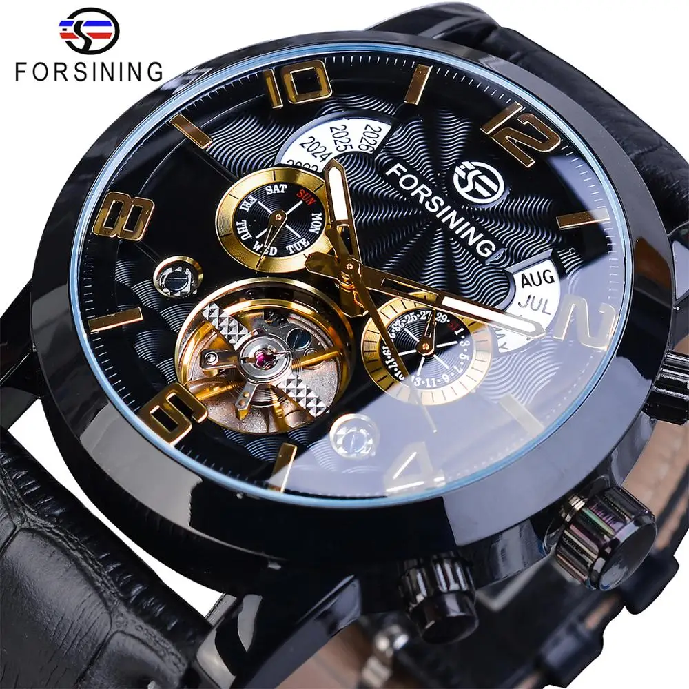 Top Trends: Forsining Tourbillion Fashion Wave Black Golden Clock Multi Function Display Mens Automatic Mechanical Watches Top Brand Luxury Shoppable Styles