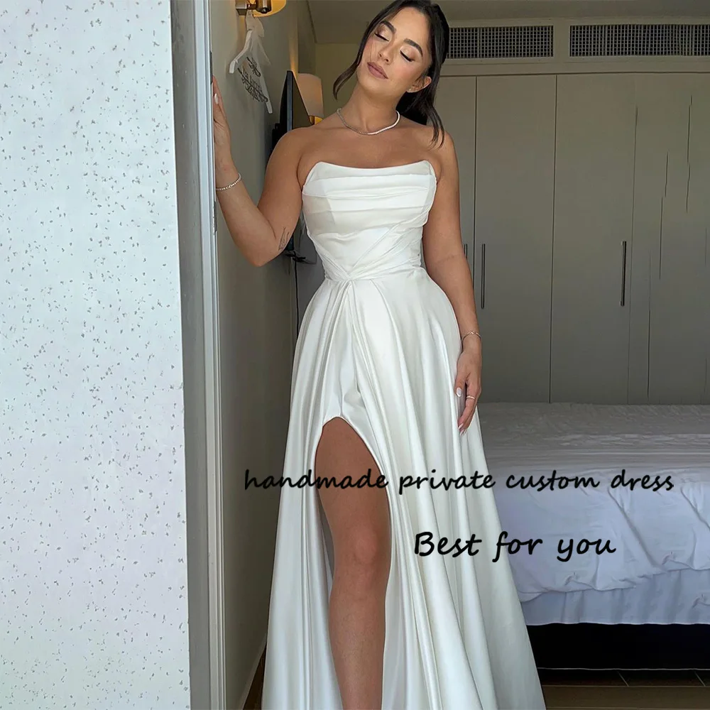 Top Trends: White Satin Long Wedding Dresses For Bride Pleats Sweetheart Beach Bridal Gowns With Slit Simple Civil Wedding Bride Dress Shoppable Styles