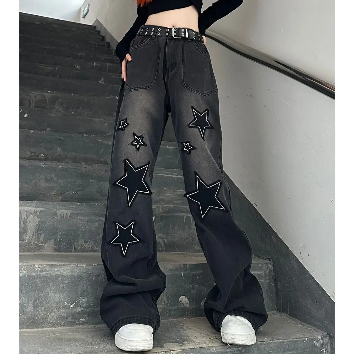 Top Trends: Hip Hop Vintage Women Gradient Wide Leg Jeans Star Embroidery Spring Autumn New Streetwear Fashion High Waist Loose Trousers Shoppable Styles