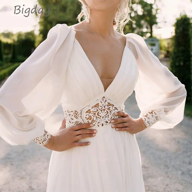 Top Trends: Elegant A-Line Wedding Dresses For Women 2024 White V-Neck Long Puff Sleeve Lace Open Back Bridal Gown Chiffon Vestidos De Novia Shoppable Styles - Image 3