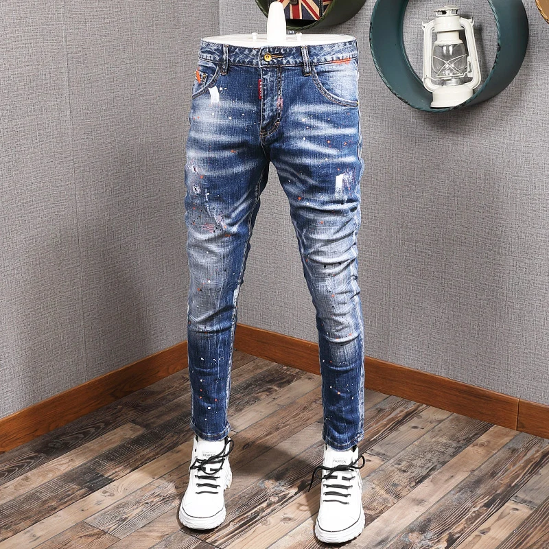 Top Trends: Fashion Streetwear Men Jeans Retro Blue Elastic Slim Fit Ripped Jeans Men Painted Designer Elastic Hip Hop Denim Pencil Pants Shoppable Styles