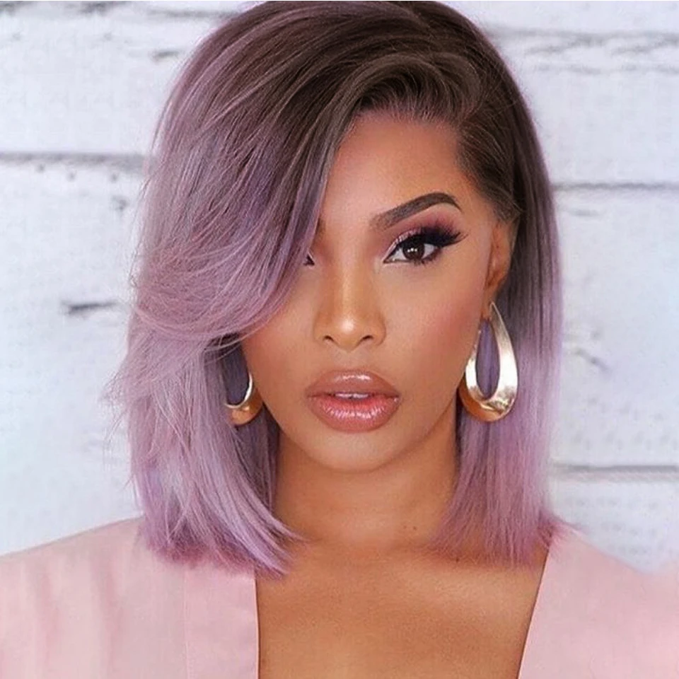 Top Trends: Ombre T Part Lace Bob Lace Human Hair Wigs Purple Straight Bob For Women Brazilian Straight Short Bob 13x1x6 Lace Front Bob Wigs Shoppable Styles