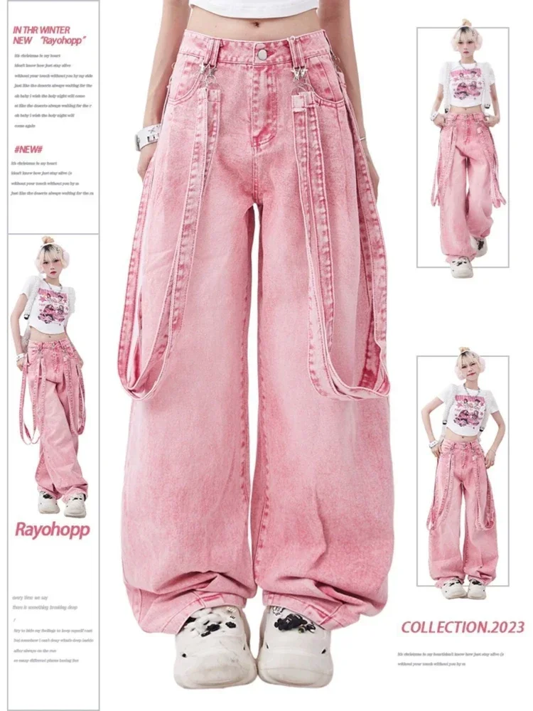 Top Trends: ADAgirl Pink Y2K Cargo Jeans Women Harajuku Oversize Vintage Belt Wide Leg Causal Denim Trousers Hip Hop Korean Straight Pants Shoppable Styles