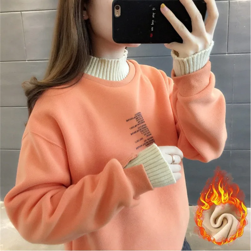 Top Trends: Autumn And Winter Women&#039;s Patchwork Fake Two Pieces Half High Collar Long Sleeve Loose Drawers Printed Fashion Casual Tops Shoppable Styles