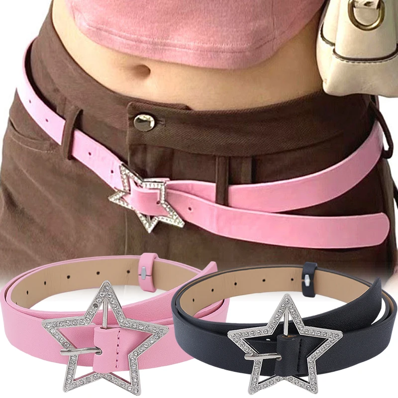 Top Trends: Korean Spicy Girl Pink PU Leather Belt Metal Fashion Buckle Five-point Star Full Drill Waistband Women Y2K Versatile Decoration Shoppable Styles