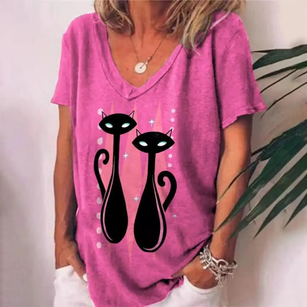 Top Trends: New Ladies T-Shirts Summer Short Sleeve Tops Kitten Graphics V-Neck Oversized Clothing 2023 Girls Streetwear Women's Shirts Tees Shoppable Styles