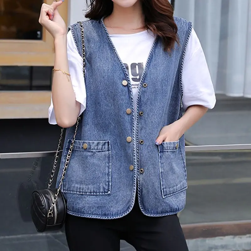 Top Trends: Women's V-neck Solid Color Distressed Cardigan Spring Autumn 2023 New Fashion Button Patchwork Pocket All-match Denim Vest Coats Shoppable Styles