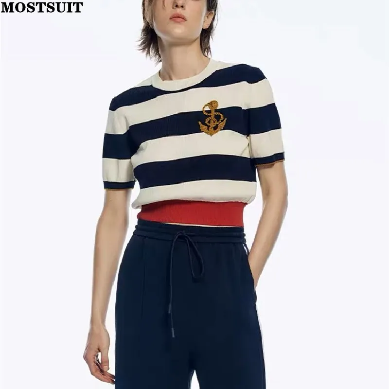 Top Trends: Stylish Fashion Striped Knitted Tshirt Tops Women Sweater Tees 2023 Summer Short Sleeve O-neck Color-blocked Ladies Knitwear Shoppable Styles