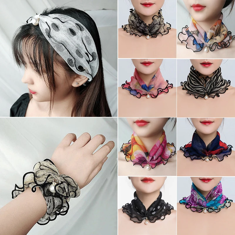 Top Trends: Shiny Headscarf Ruffle Lace Scarf Pearl Pendant Chiffon Scarves Organza Neck Collar Scarf Elegant Fashion Soft Scarf For Women Shoppable Styles