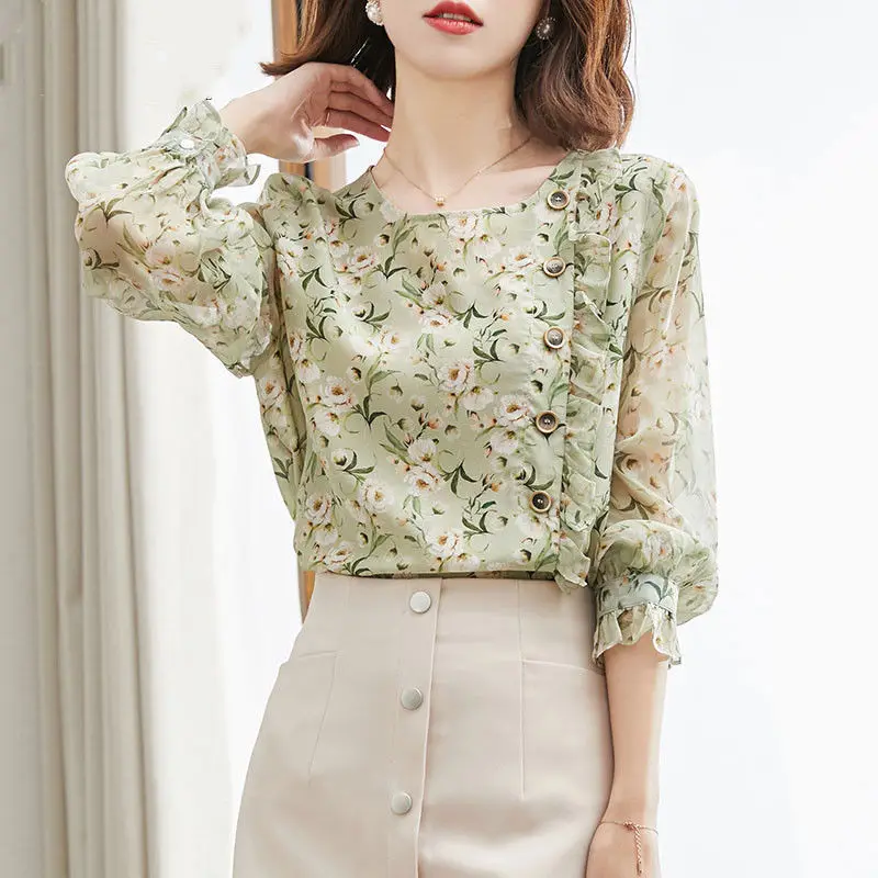 Top Trends: Spring Summer New Printing Pleated Blouse Long Sleeve Round Neck Loose Shirt Tops Elegant Fashion Women Clothing Shoppable Styles