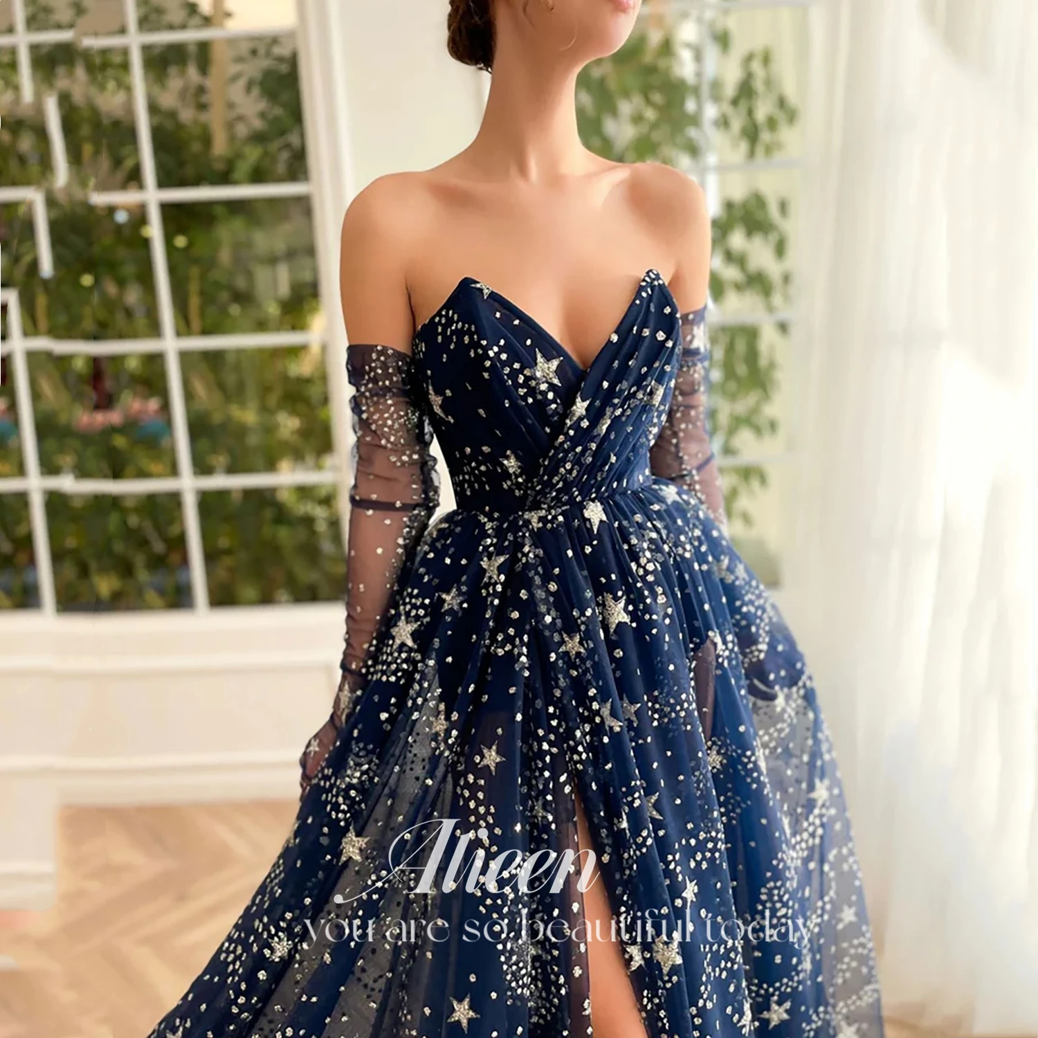 Top Trends: Aileen Glitter Navy Blue Starry Tulle Prom Dresses V-Neck Side Split Saudi Arabic Women A-Line Formal Evening Party Gowns Dress Shoppable Styles