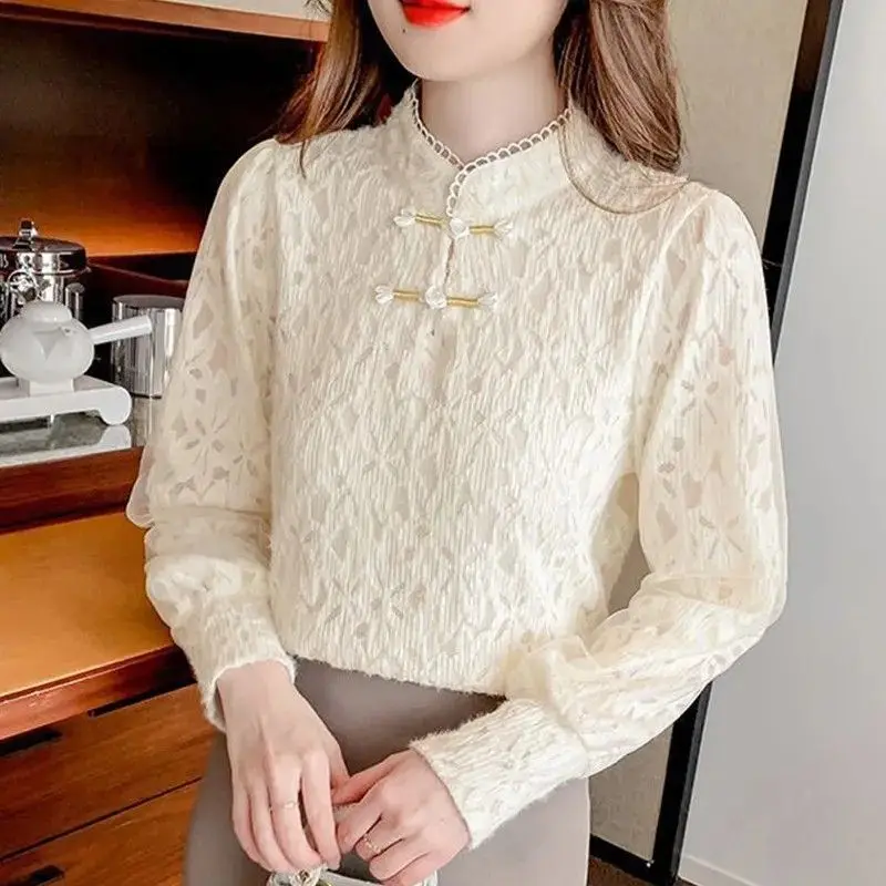 Top Trends: Elegant Stand Collar Button Hollow Out Lace Blouses Women's Clothing 2023 Autumn Winter Loose Sweet Tops Office Lady Shirts Shoppable Styles