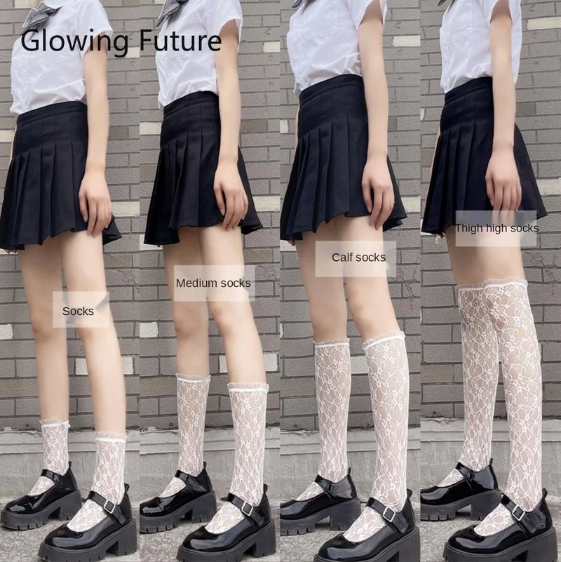 Top Trends: JK Woman Socks Classic White Black Flower Organza Lace Calf Sokken Solid Color Knee Socks Cosplay Sexy Nylon Fishnet Stockings Shoppable Styles