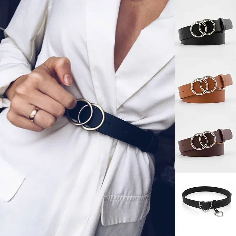 Top Trends: Double Ring Women Belt Fashion Waist Belt PU Leather Metal Buckle Heart Pin Belts For Ladies Leisure Dress Jeans Wild Waistband Shoppable Styles